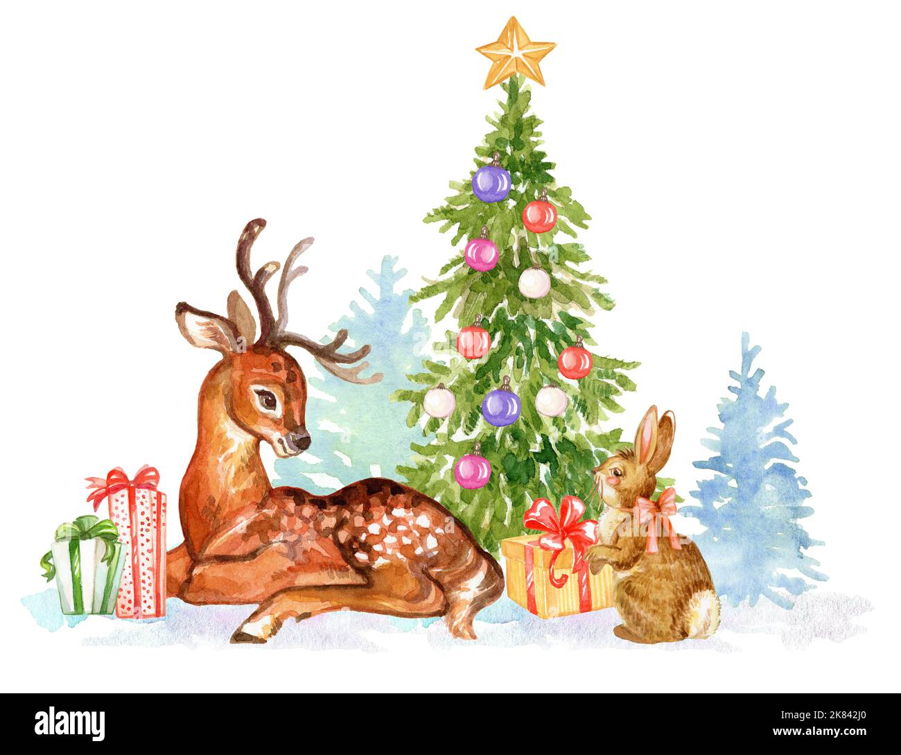 Gefleckte Hirsche im Winterwald mit Kaninchen, Fichte und Geschenken. Aquarell handgezeichnete Illustration. Handgemalte Zeichnung. Winterhintergrund. Für Karten, d Stockfoto