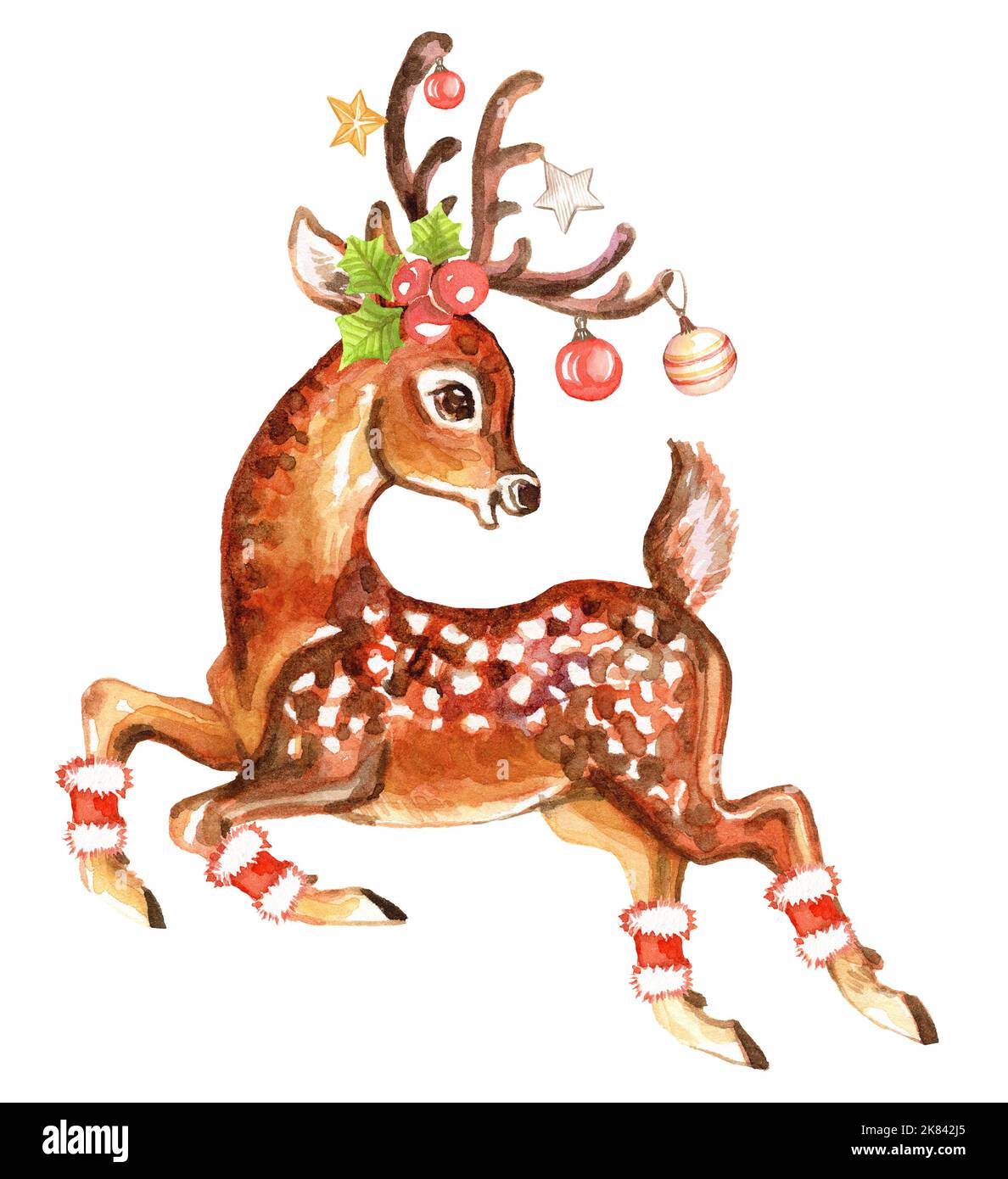 Niedliche elegante Hirsche mit Weihnachtskugeln in Hörnern. Handbemalte Aquarellzeichnung für Weihnachten und Neujahr. Design für Verkauf Banner, Karten, SoC Stockfoto