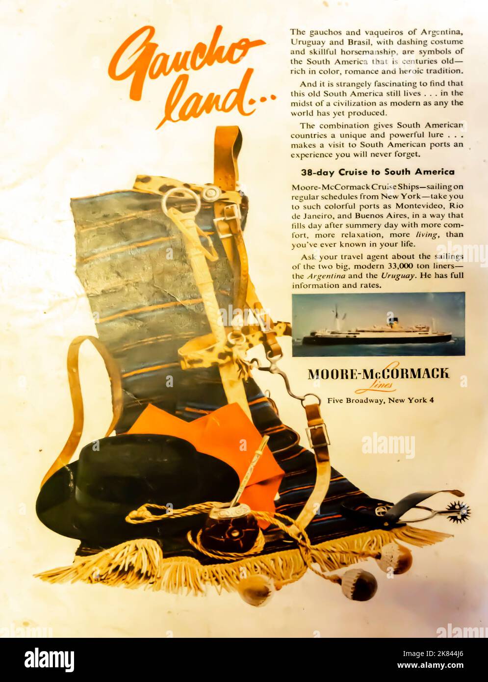 Moore-McCormack Lines - Werbung für eine Kreuzfahrt nach Südamerika in einem Magazin von NatGeo, 1954 Stockfoto