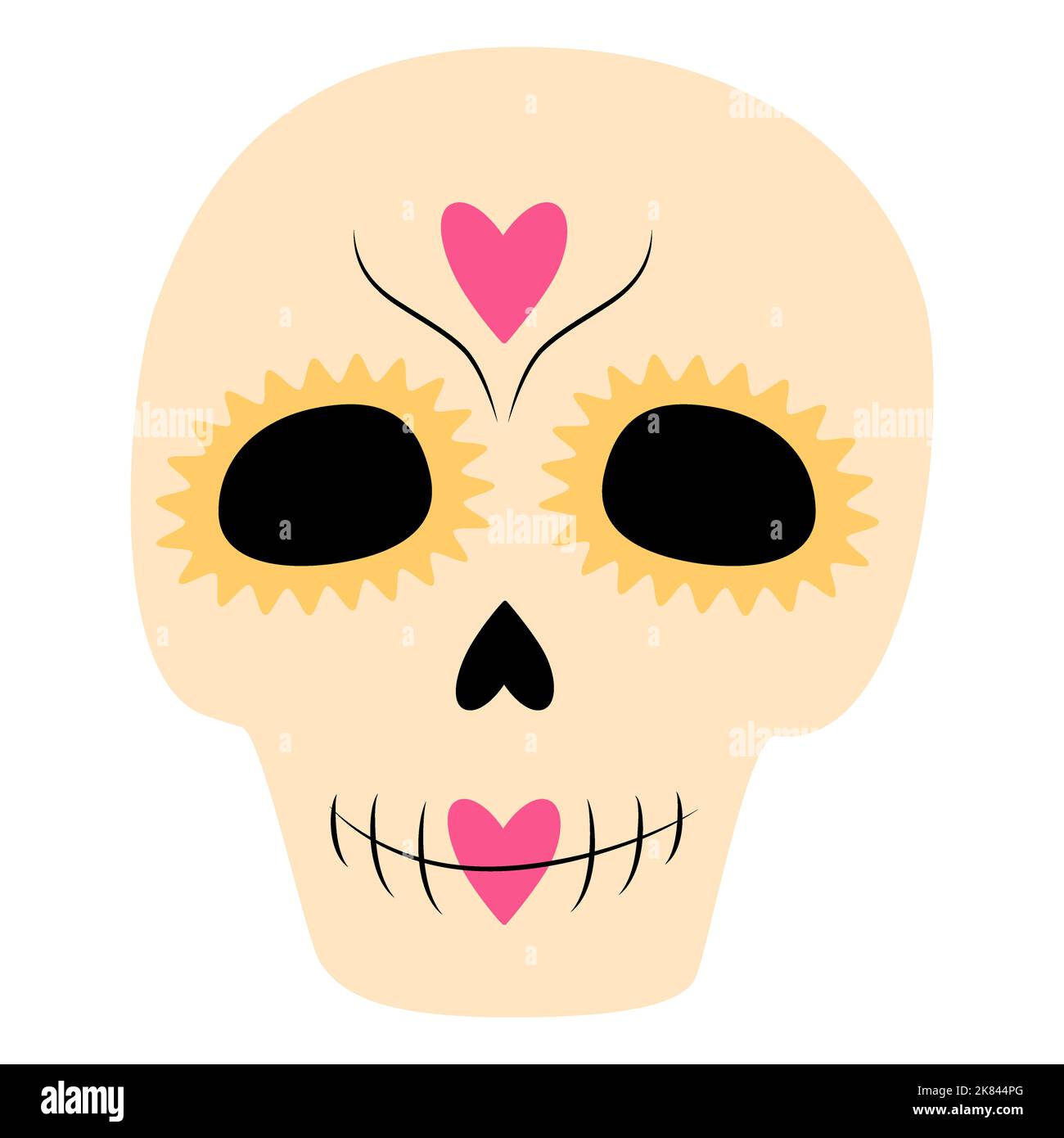 Tag der Toten. Dia de los muertos. Mexiko. Bright Sugar Skull in trendigen Farbtönen. Symbol. Aufkleber. Isolieren. Geeignet für Postkarte, Einladungen, Broschüren, Preisschild, Postkarten, Dekorationsmuster, Banner Stockfoto