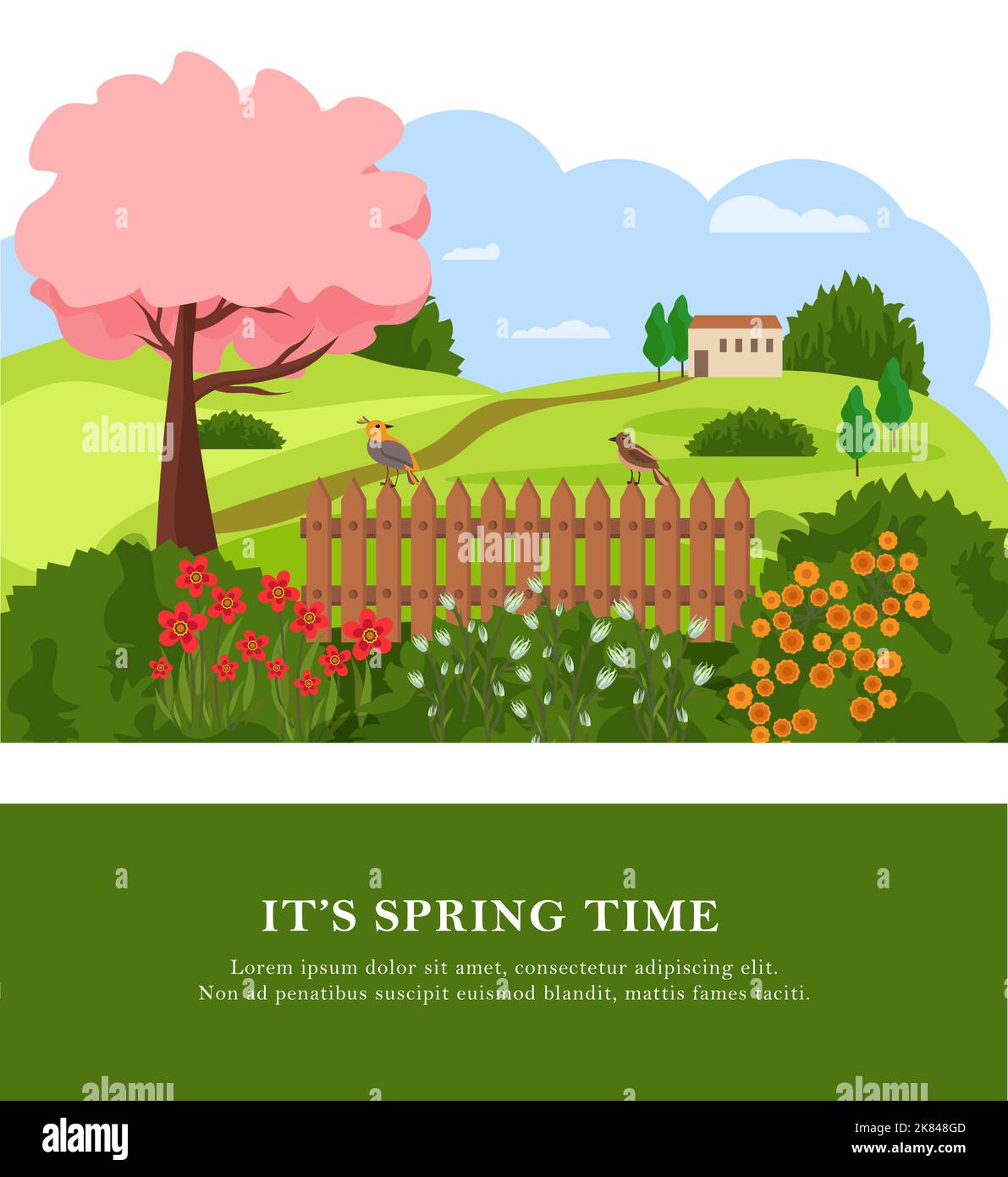 Frühling. Helle Postkarte mit der Frühlingslandschaft - die Bäume und die Blumen, die Straße und das Feld, das Haus, die Vögel. Vektorzeichnung. Für Drucke und Poster, Stock Vektor