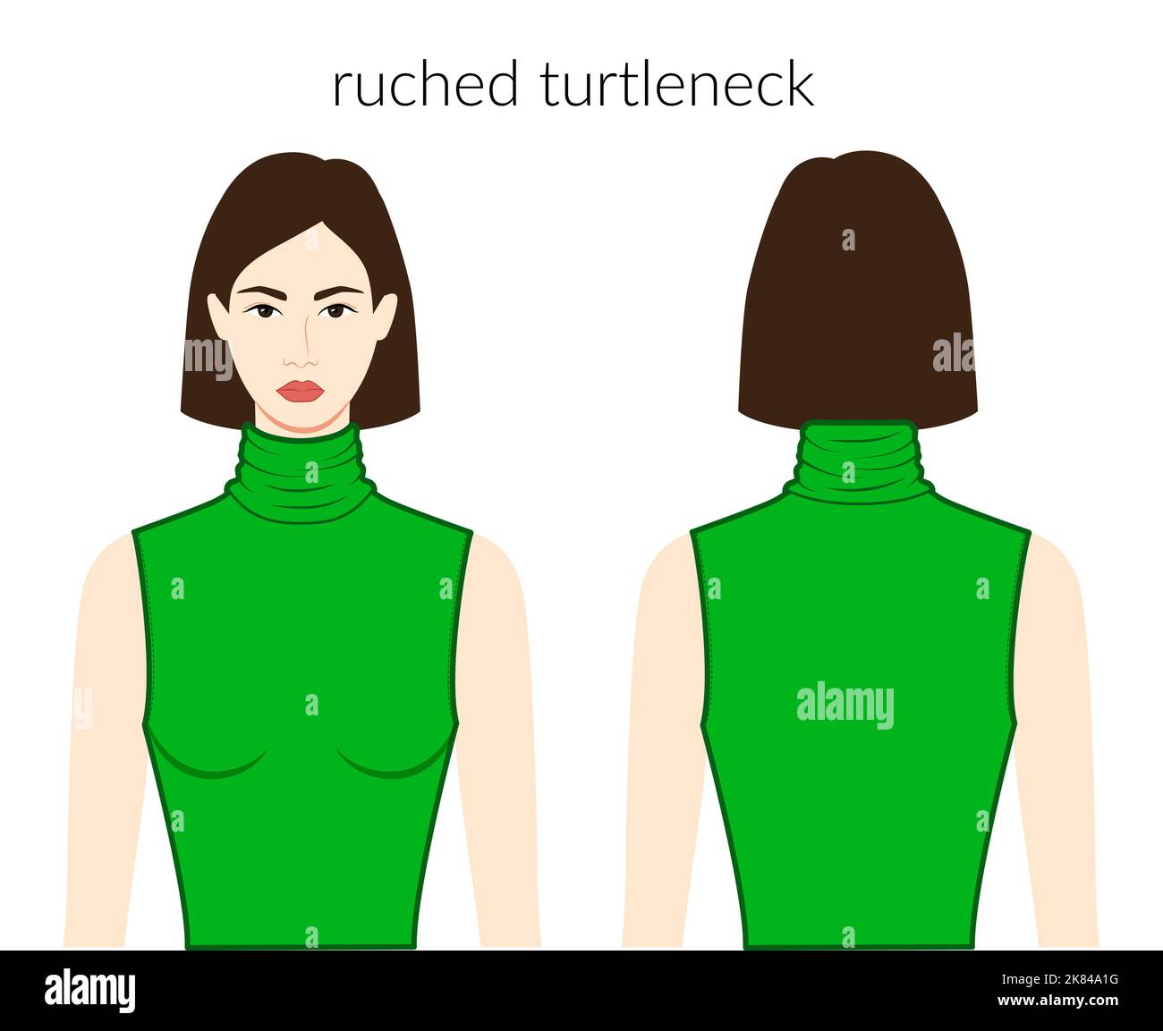 Rüschen Ausschnitt Rollkragenpullover Kleidung Strick, Pullover Charakter schöne Dame in grün oben, Hemd, Kleid technische Mode Illustration ausgestattet Körper. Flache Bekleidungsvorlage. Frauen, Männer Unisex-CAD-Modell Stock Vektor