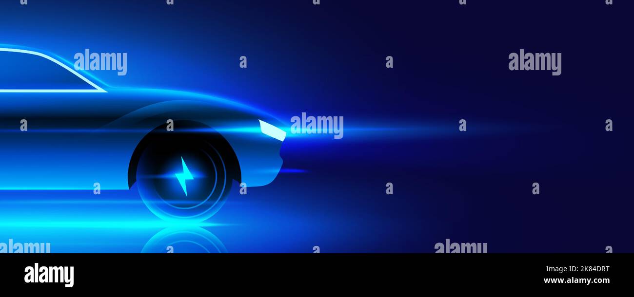 Schnelle Elektroauto Konzept Vektor Illustration. Blaues neon leuchtendes EV-Fahrzeugvorderteil auf dunkelblauem Hintergrund. Futuristisches Sportwagen-Design mit Spannungssymbol auf dem Rad. Stock Vektor