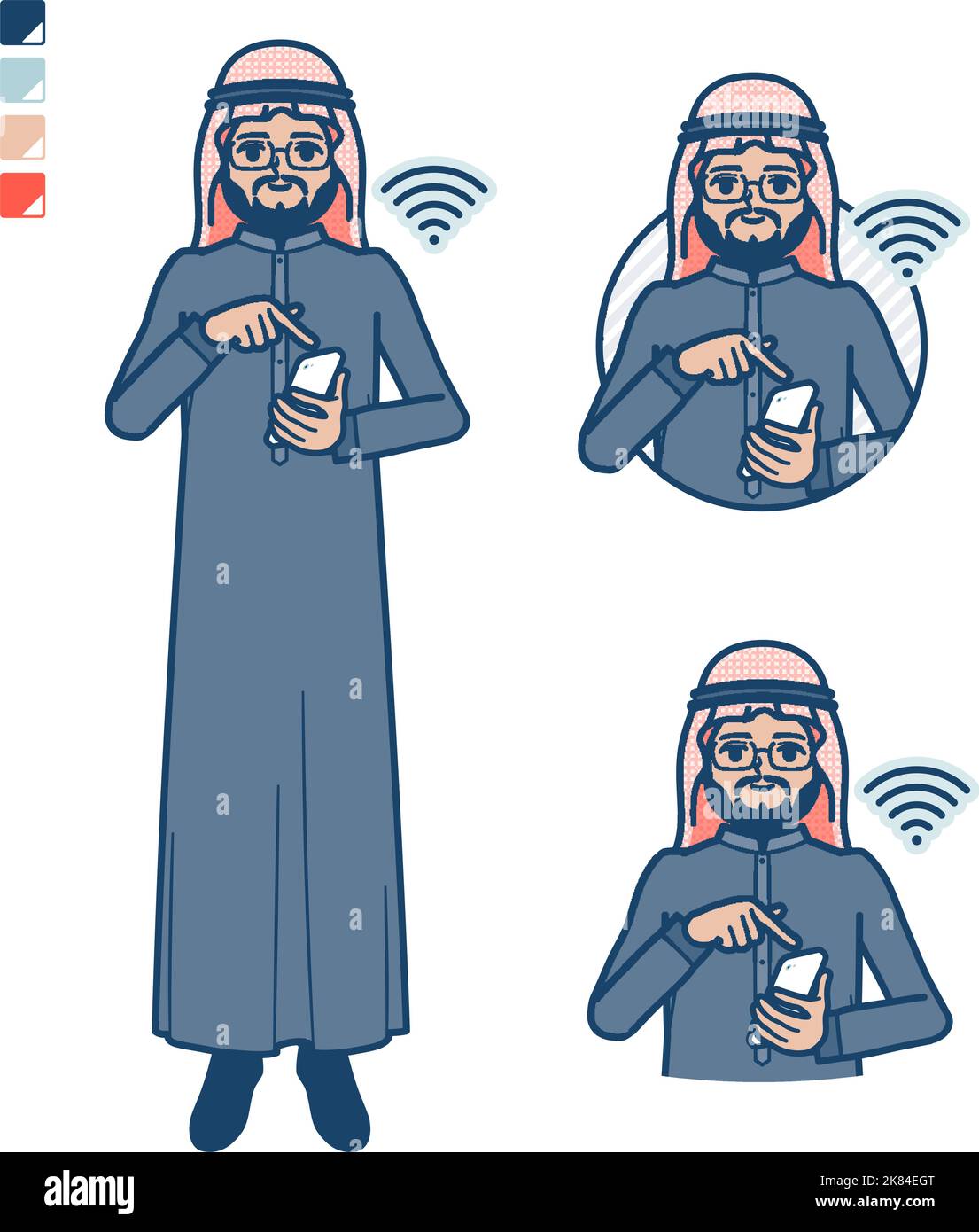 Ein arabischer Mittelmann in schwarzem Kostüm mit Smartphone-Bildern bedienen.Es ist Vektorgrafik, so ist es einfach zu bearbeiten. Stock Vektor