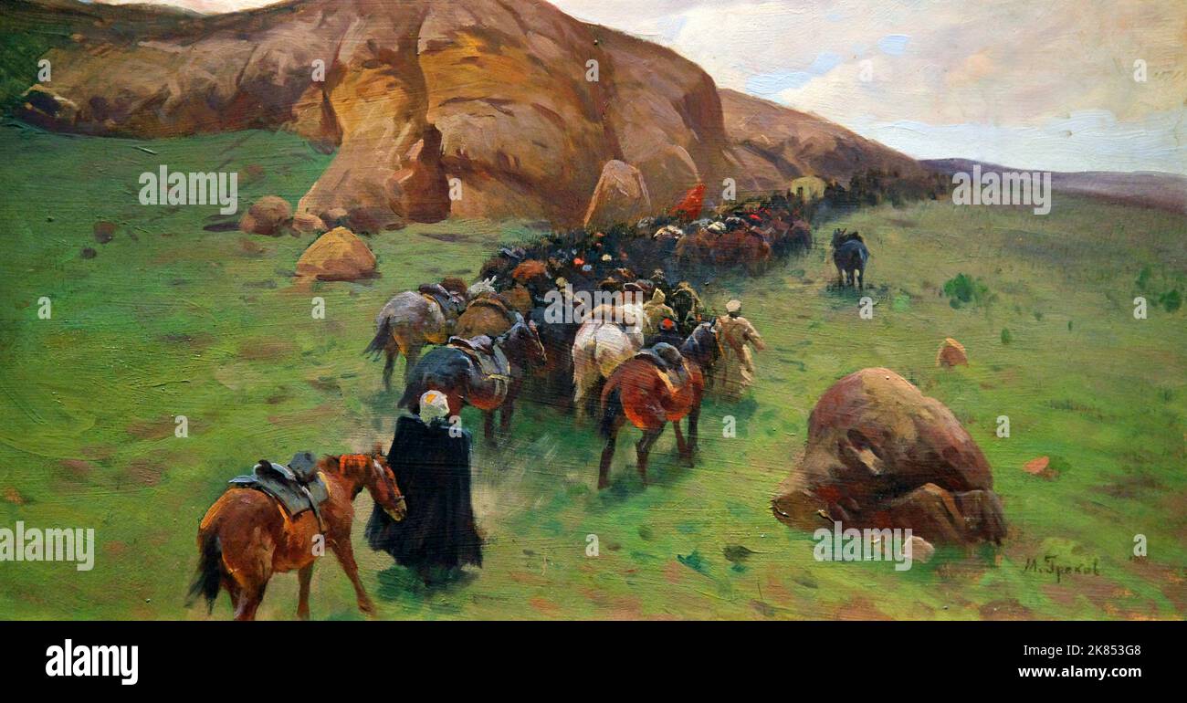 Über einen Feldzug, die erste Kavallerie (1927) von Mitrofan Grekov (1882–1934) russischer Maler Stockfoto