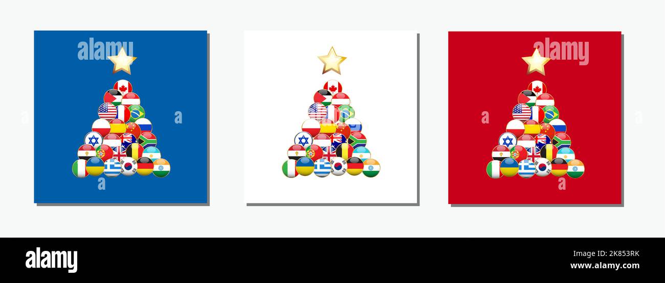 Weihnachtsbaum mit Nationalflaggen, Weltfrieden ohne Kriege. Vektorgrafik, Grußkartensatz Stock Vektor
