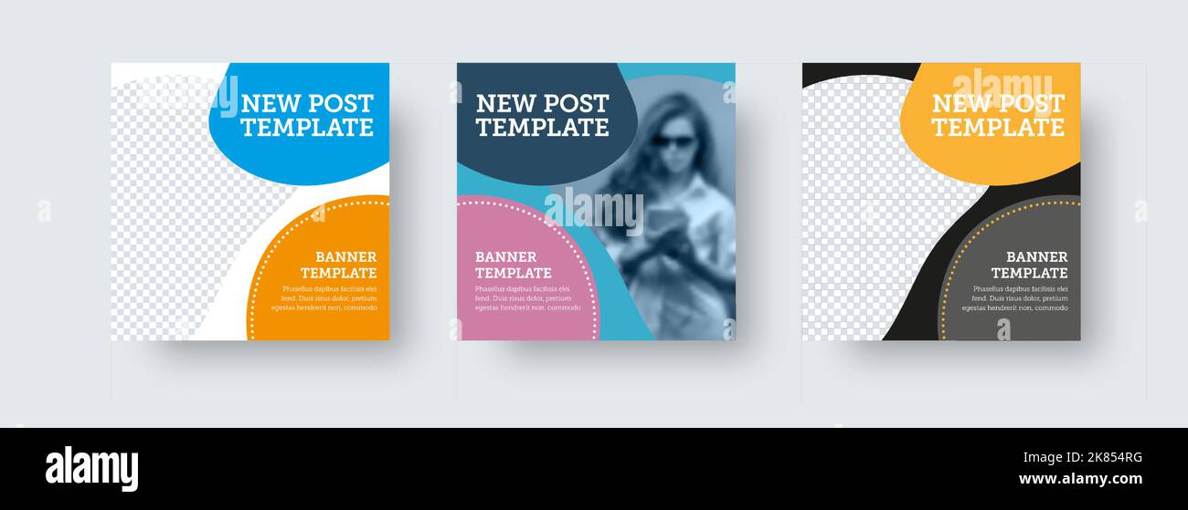 Vektor-Webbanner-Vorlage auf weißem, schwarzem, farbigem Hintergrund mit Design-Präsentation, Platz für Foto. Set von quadratischen neuen Post für Social Media, pro Stock Vektor
