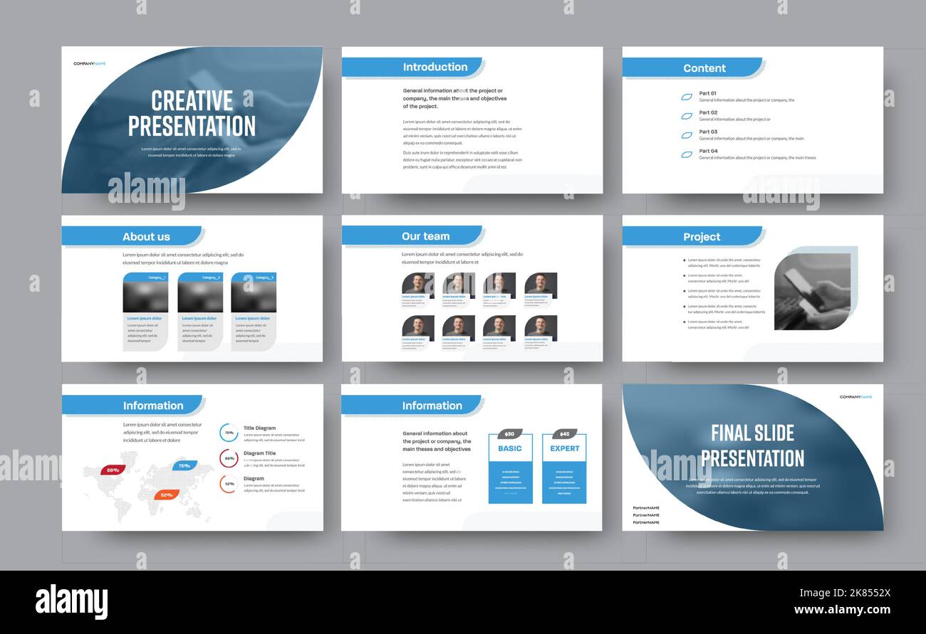 Präsentation von Vorlagen für Business, blaue Linien und Elemente für Fotos auf weißem Hintergrund. Infografik-Flyer, Corporate Identity Broschüre für ein Stock Vektor