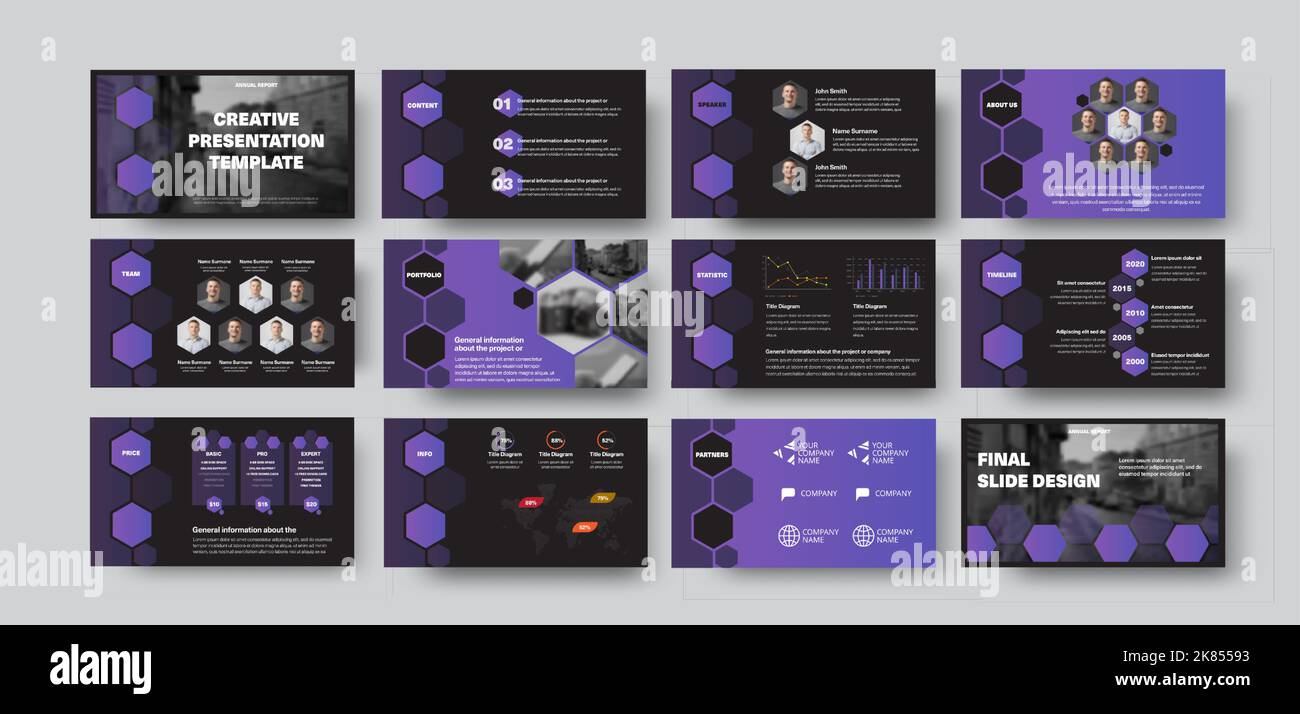 Kreative Präsentation von Infografik-Vorlage, helle Broschüre Design-Elemente auf schwarzem Hintergrund für den Jahresbericht, Datenanalyse. Satz Folien wi Stock Vektor