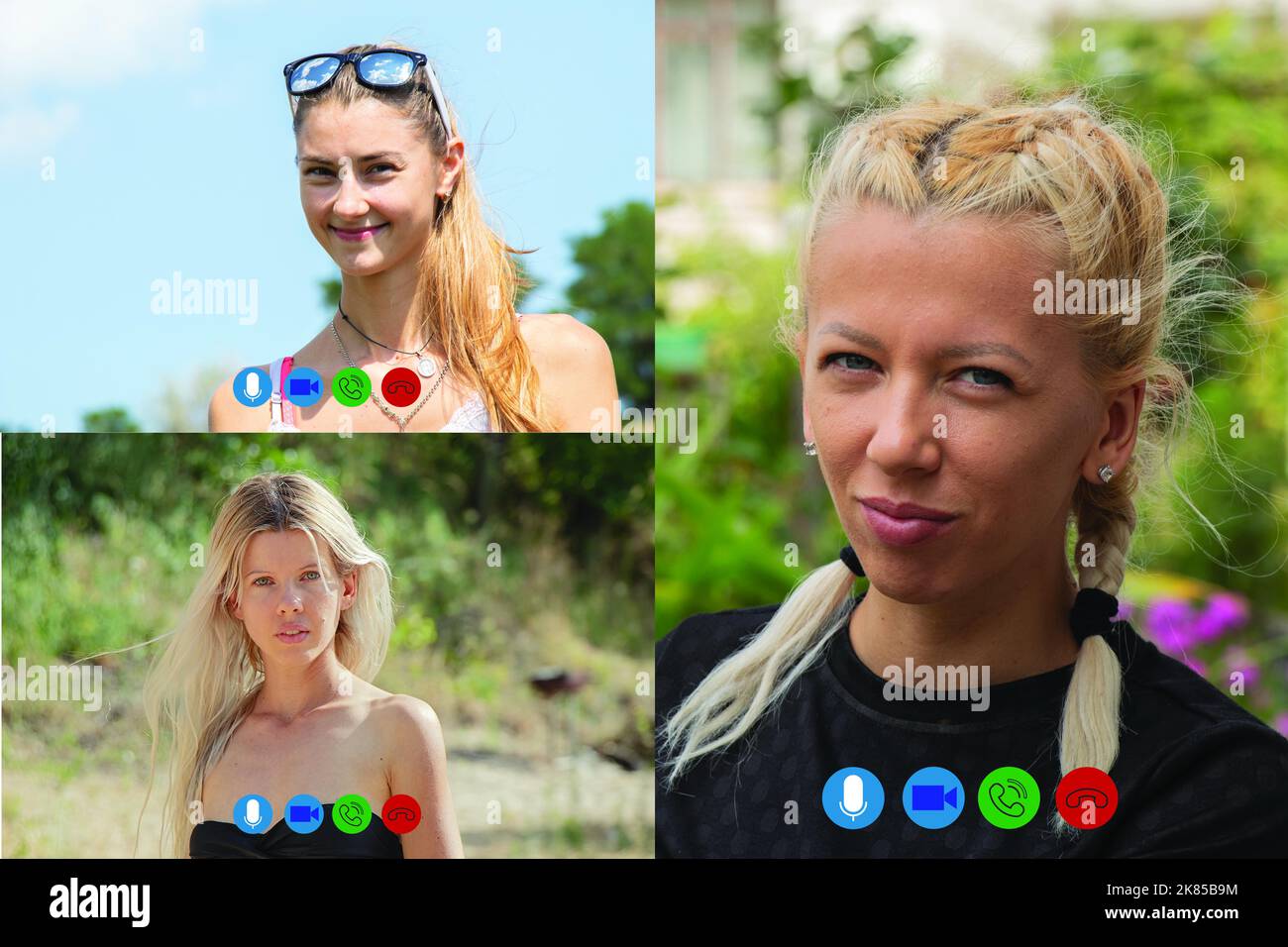 Drei Freundinnen sprechen per Videoanruf im Computer für den Hintergrund, Video-Chat mit drei Mädchen Stockfoto