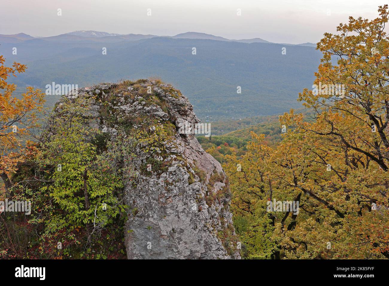 Hügellandschaft in Herbstfarben. Mezmai, Region Krasnodar, Russland. Stockfoto