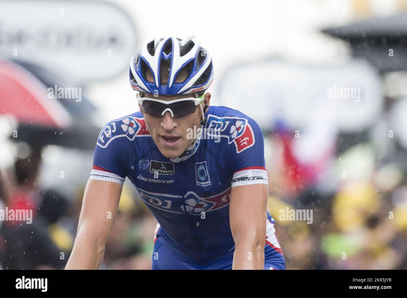 Tour de France 2014 Etappe 19: Maubourguet Pays du Val d'Adour - Bergerac 208,5km. Arnold Jeannesson (Fra) FDJ.fr überquert die Ziellinie Stockfoto