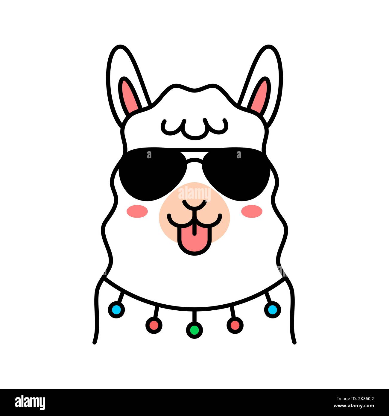 Niedlicher Alpaka mit Sonnenbrille und Zunge. Lustige Zeichentrickfigur. Südamerikanisches Wildtier. Albernes lama-Gesicht mit farbenfroher Halskette. Vektor Stock Vektor