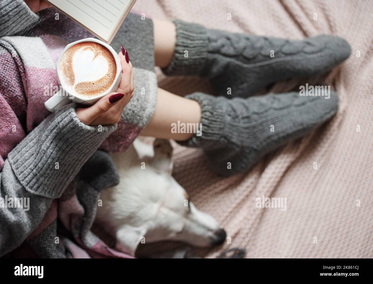 Gemütliches Zuhause, Frau mit warmer Decke bedeckt, trinkt Kaffee, schlafender Hund neben der Frau. Entspannen, sorglos, Komfort Lebensstil. Stockfoto