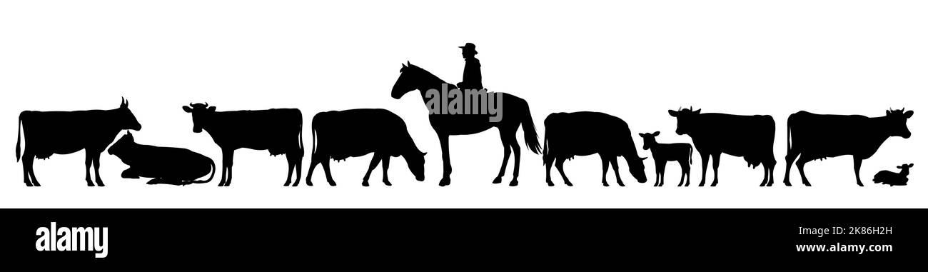 Set von Schäferhund grast Kühe auf der Weide. Bildsilhouette. Haustiere auf dem Bauernhof. Tiere für Milch und Milchprodukte. Isoliert auf weißem Hintergrund. Vektor. Stock Vektor