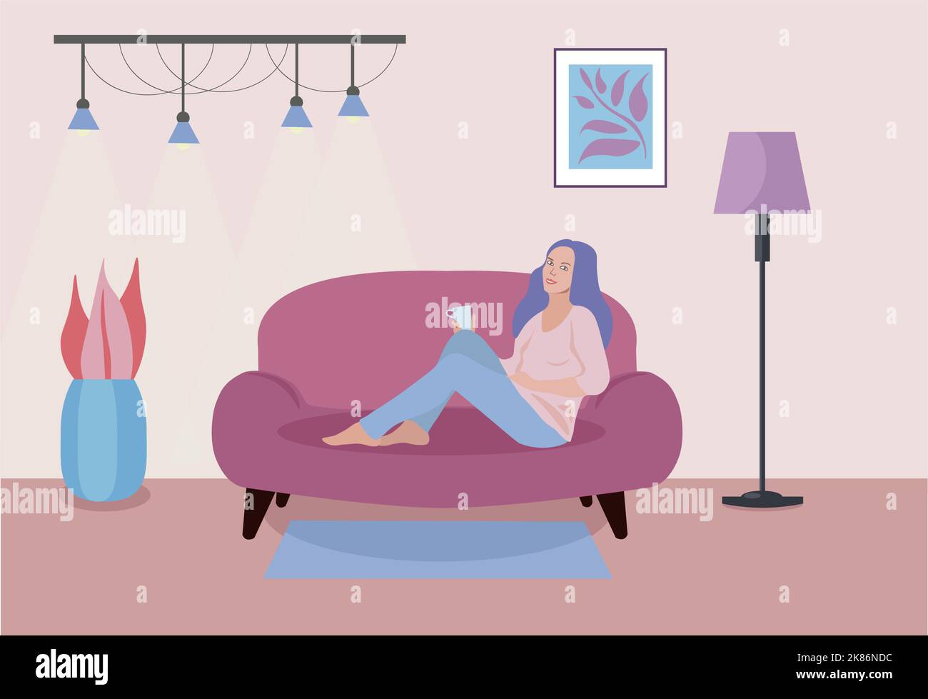 Depressive Frau sirring auf der Couch im Raum der Wohnung, Vektor-Illustration. Stock Vektor