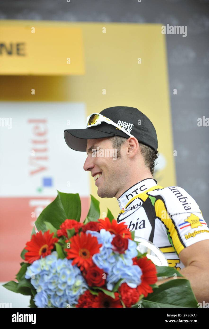 Mark Cavendish auf dem Podium gewinnt seine Etappe 4. der Tour de france 2009 Stockfoto