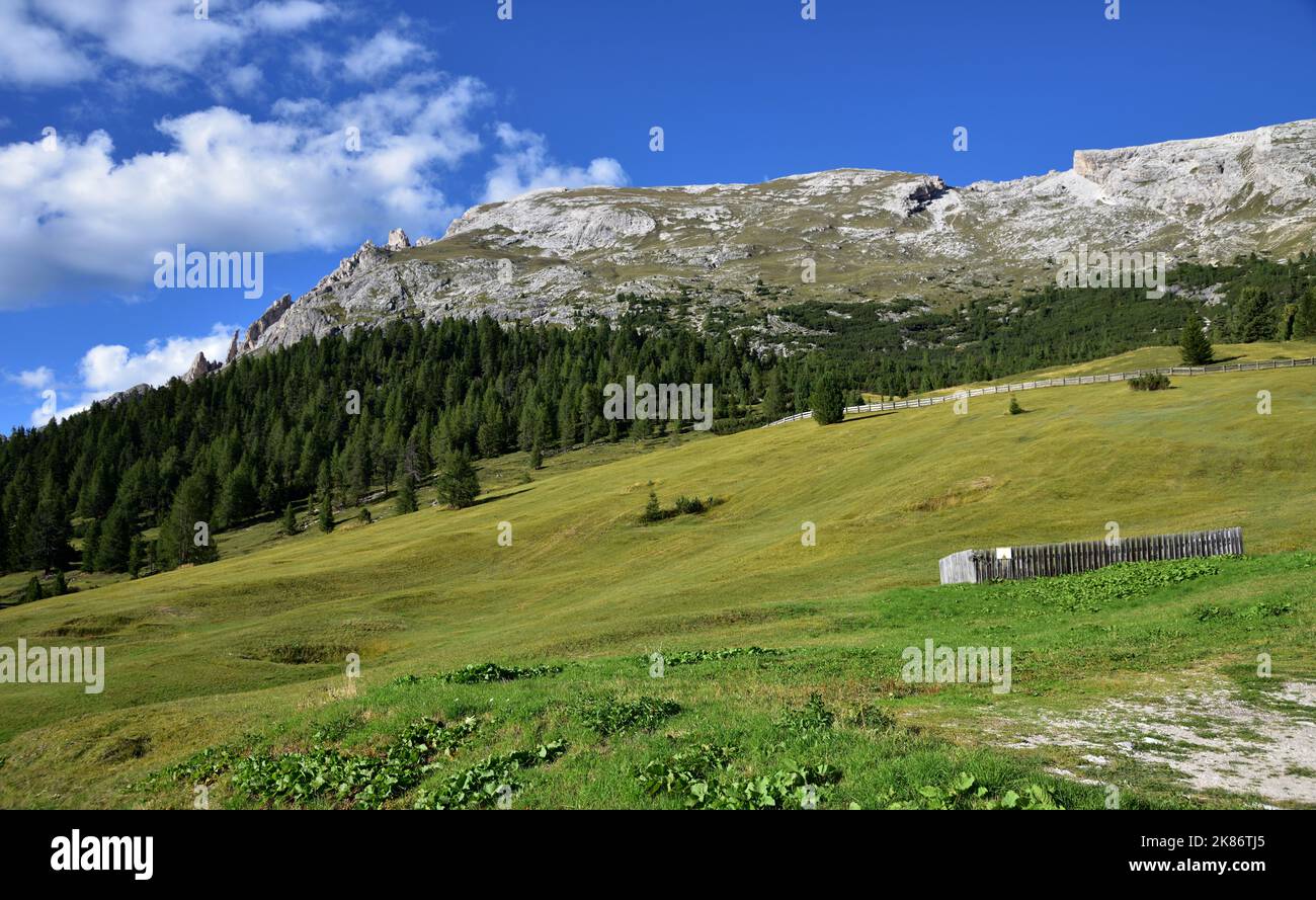 Der Eingang zum Prato Piazza-Hochplateau zeigt links die Basisfelsen des Picco Vallandro, einem 2839 Meter hohen Berg Stockfoto