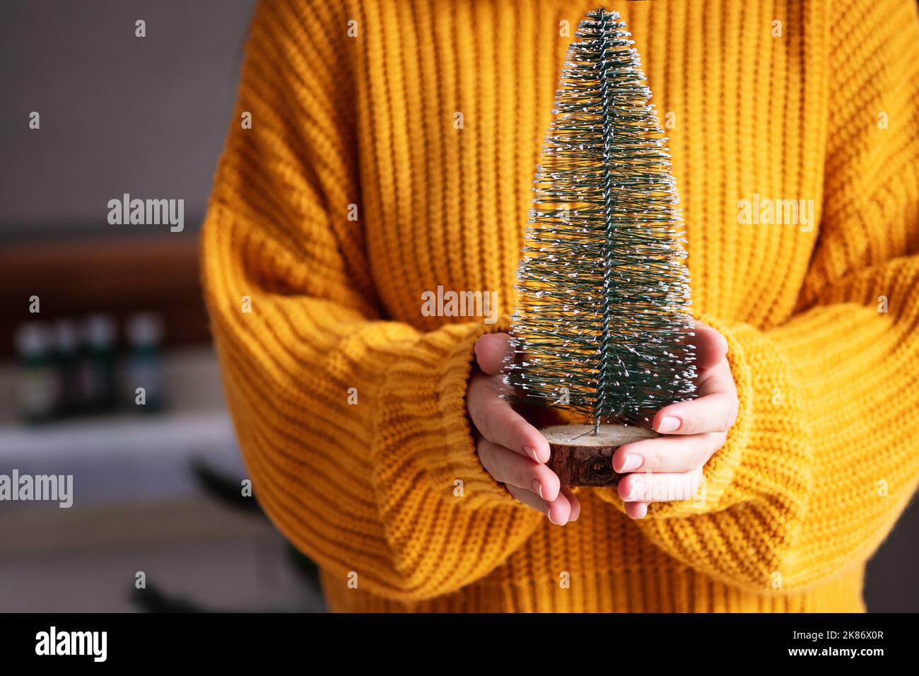 Nicht erkennbare Frau in orangefarbenem Pullover, die einen kleinen Weihnachtsbaum in den Händen hält. Konzept für das neue Jahr. Stockfoto