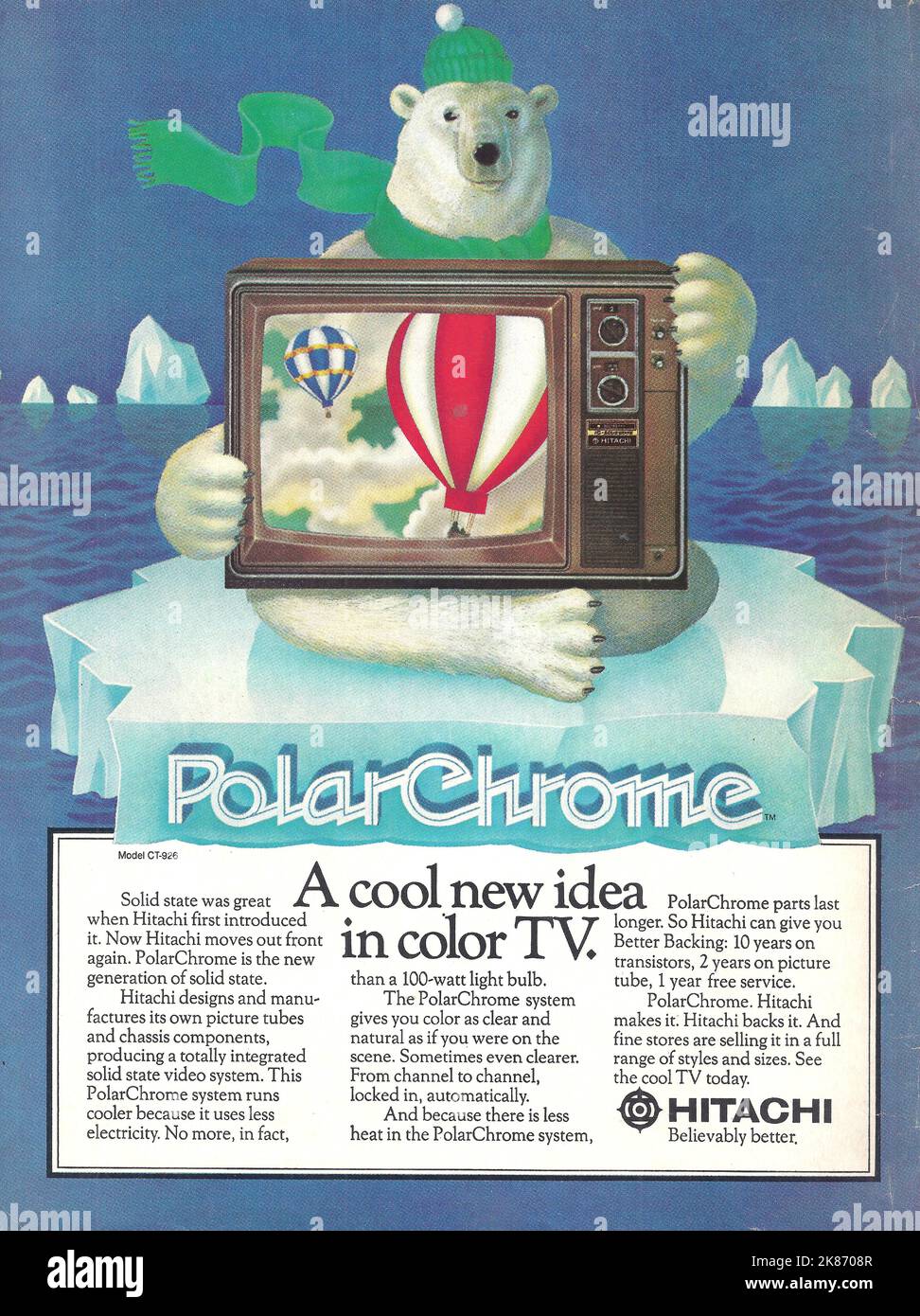 Hitachi Fernsehen Hitachi alte Fernsehzeitschrift Werbung Polar Chrome Farb-TV Stockfoto