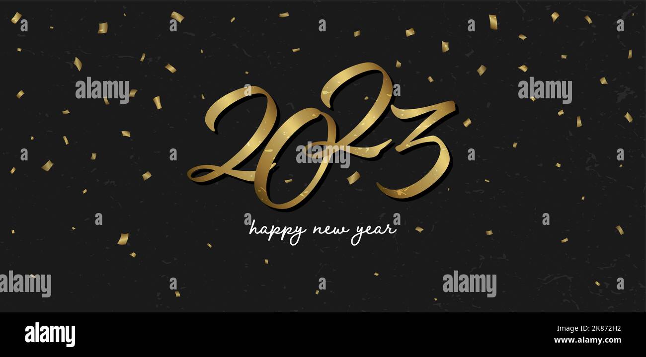 goldenes glückliches neues Jahr 2023 Grußkarte Banner mit Konfetti, Vektor-Illustration Stock Vektor