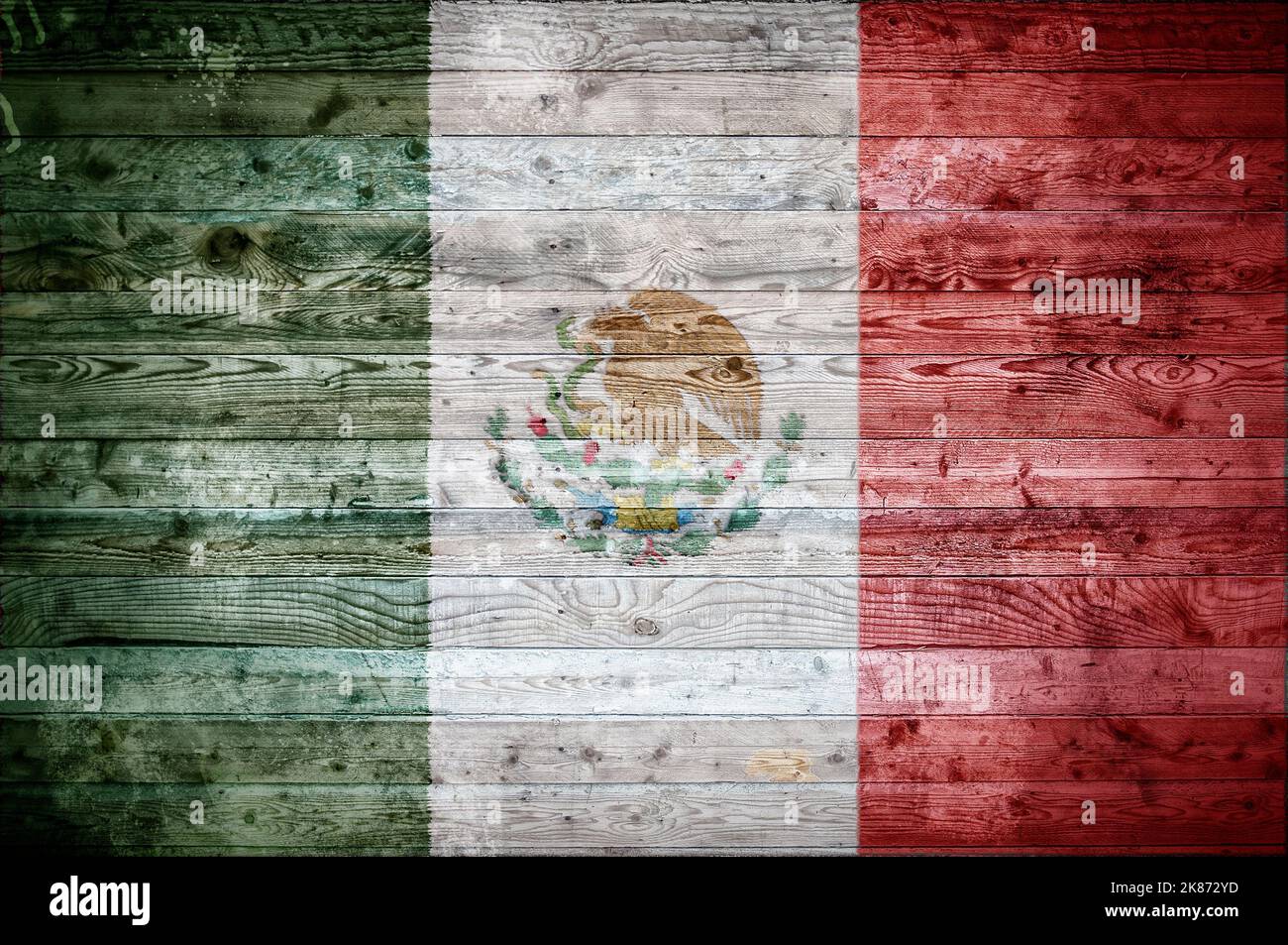 Ein bandtypischen Hintergrundbild der Flagge Mexikos auf Holzbrettern einer Wand oder Boden gemalt. Stockfoto