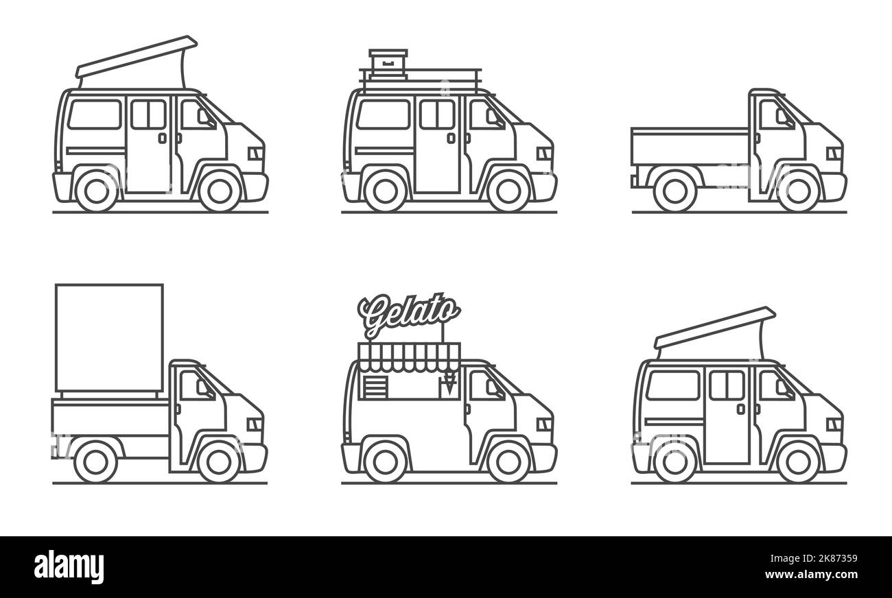 Icon Sammlung von unterschiedlich ausgestatteten Bussen Stock Vektor