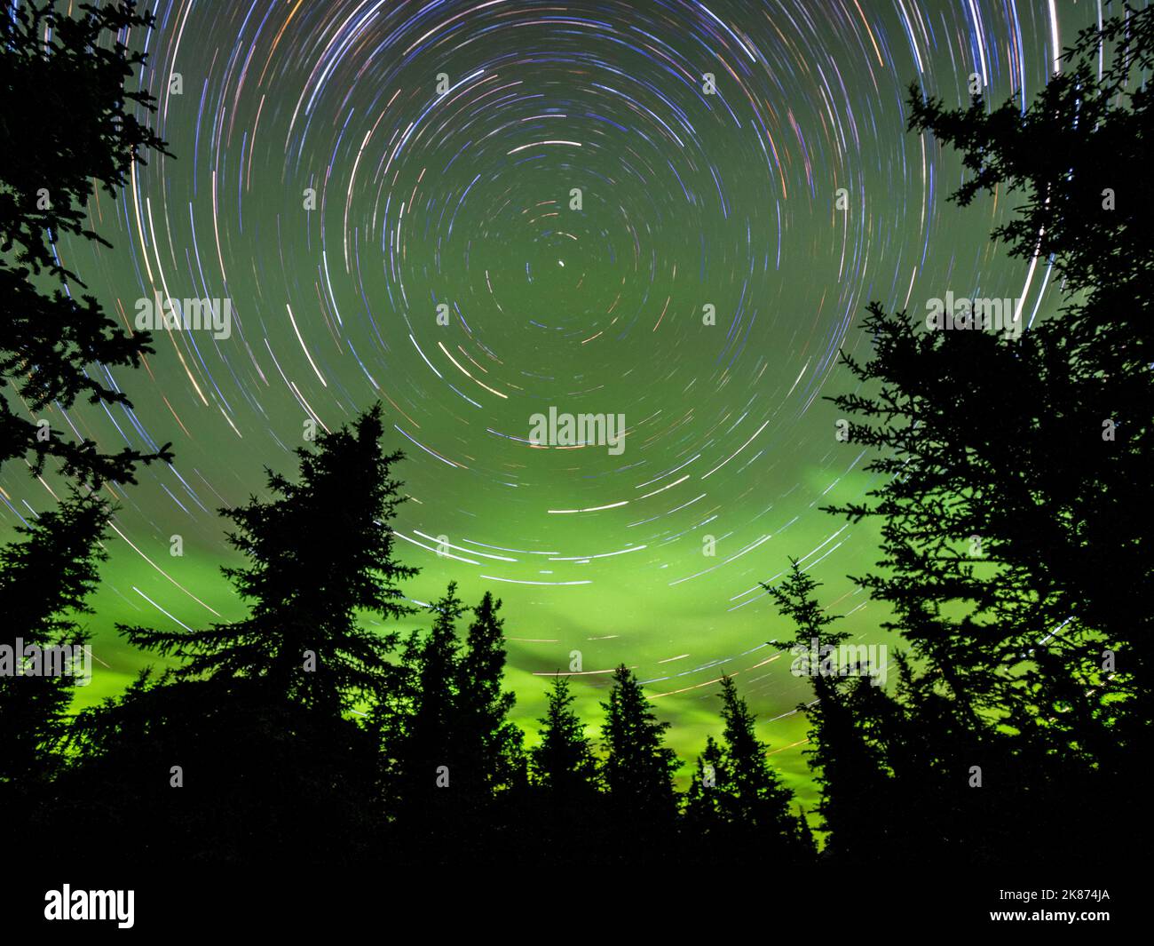 Astrofotografie mit Langzeitbelichtung, die die Sterne und die Nordlichter im Denali National Park, Alaska, USA, Nordamerika zeigt Stockfoto