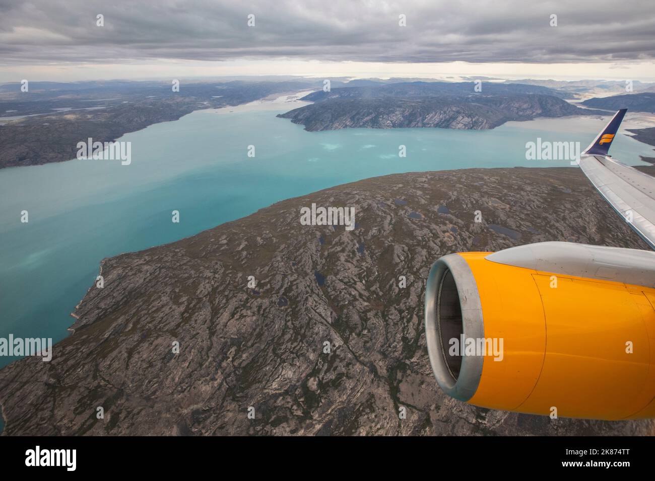 Eine Luftaufnahme der grönländischen Eiskappe von einem kommerziellen Flug nach Kangerlussuaq, Westgrönland, Dänemark, Polarregionen Stockfoto