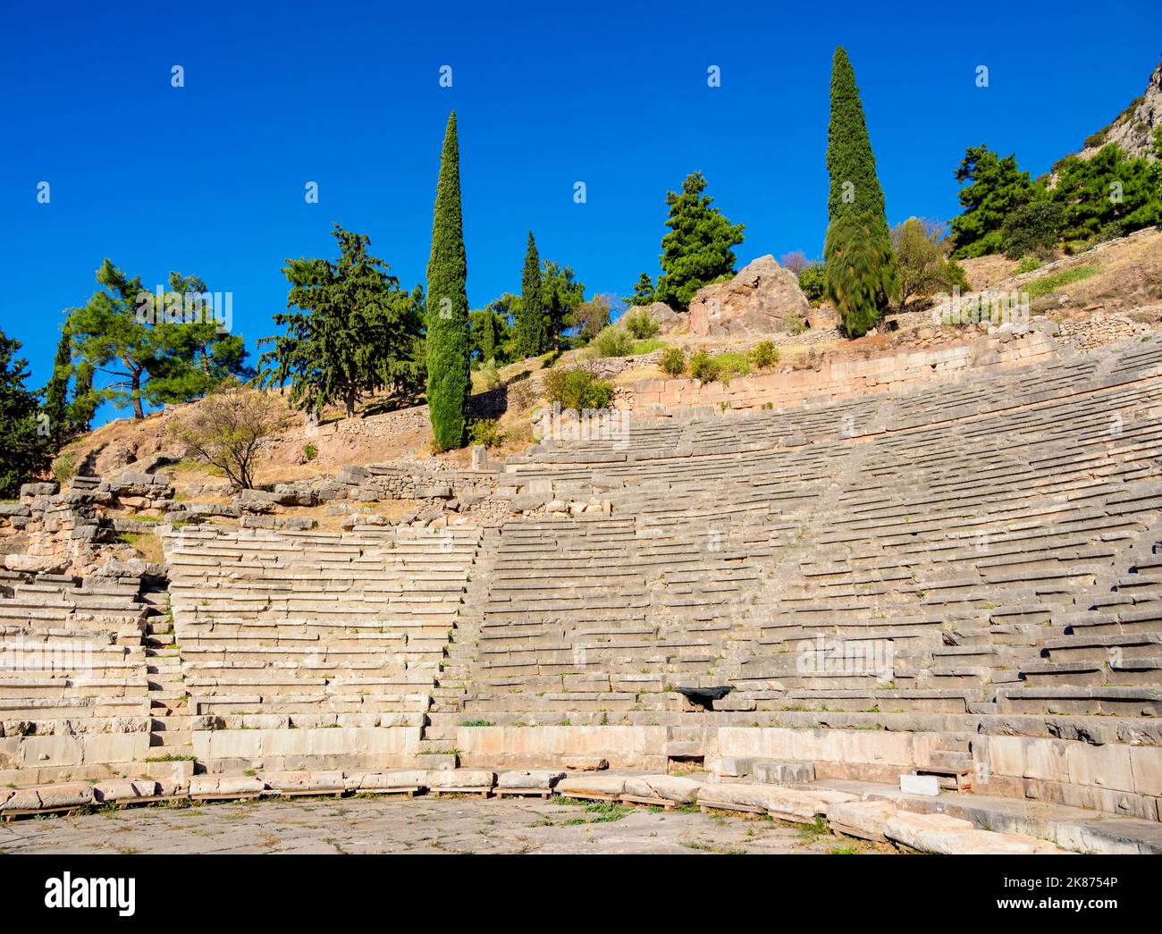 Das antike Theater, Delphi, UNESCO-Weltkulturerbe, Phocis, Griechenland, Europa Stockfoto