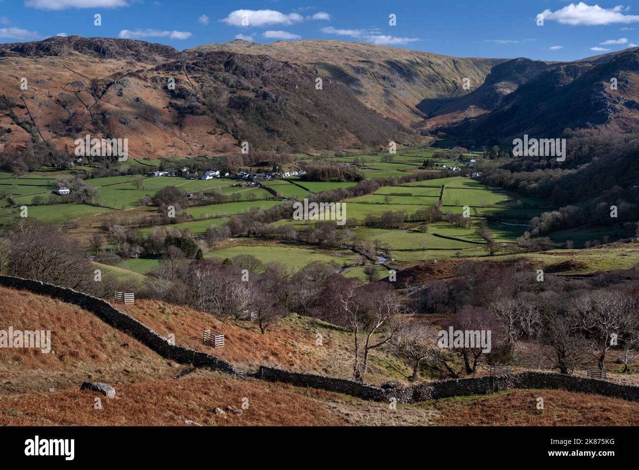 Dörfer von Rosthwaite und Stonethwaite unterhalb von Ullscal und Borrowdale Fells, Borrowdale Valley, Lake District National Park, UNESCO, Cumbria, England Stockfoto