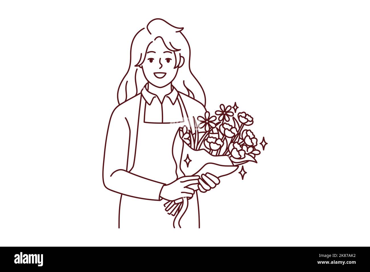 Portrait einer lächelnden Floristin in Schürze mit schönem Blumenstrauß. Glückliche Frau mit Blumen in den Händen, die in einem botanischen Laden arbeitet. Vektorgrafik. Stock Vektor