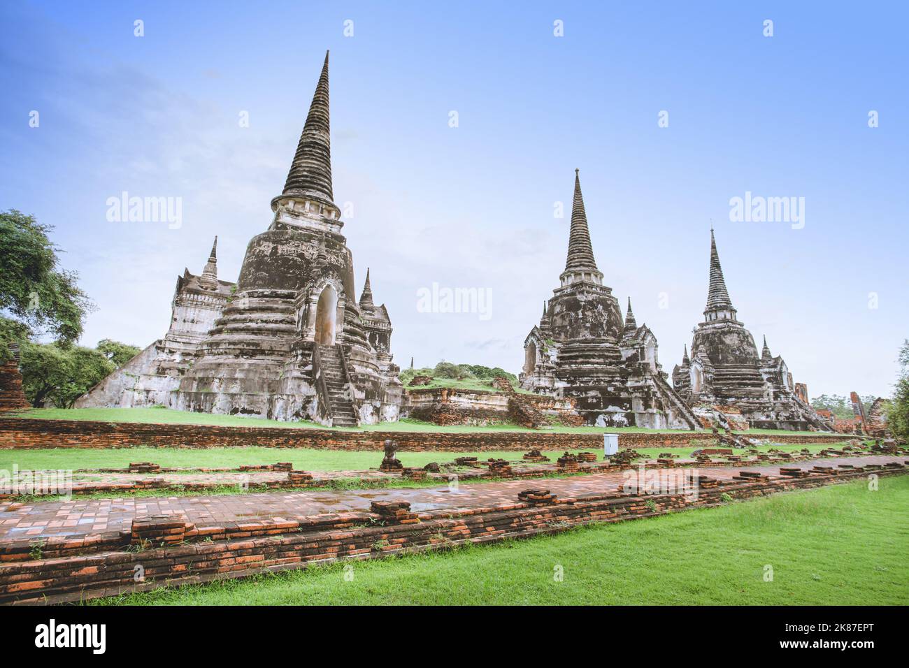 Der alte Wat Phra Si Sanphet wurde in der Provinz Ayutthaya, Thailand, ruiniert. Stockfoto