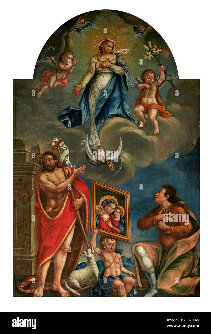 Madonna Immacolata con S. Giovanni Battista e S. Genesio - olio su tela - pittore parmense del XVIII secolo - Fidenza (PR), Italia, chiesa del Sacro C. Stockfoto