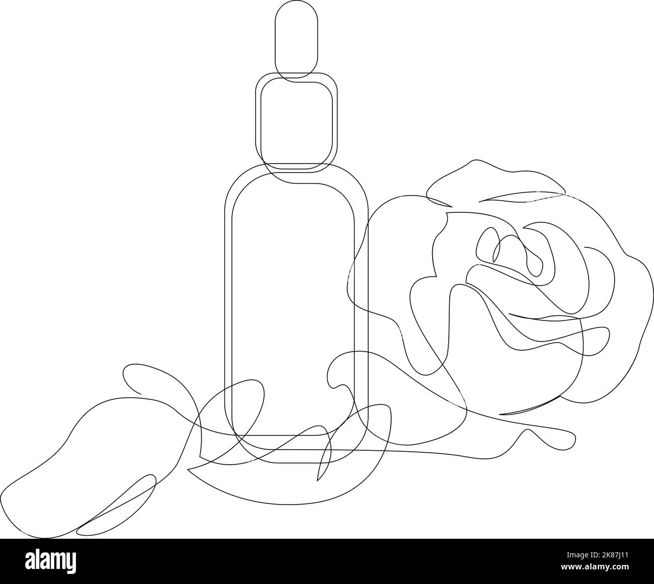 Kosmetische Aromatherapie-Flasche und Rosenblüte und Blütenblätter. Fortlaufende einzeilige Zeichnung. Vektorgrafik Stock Vektor