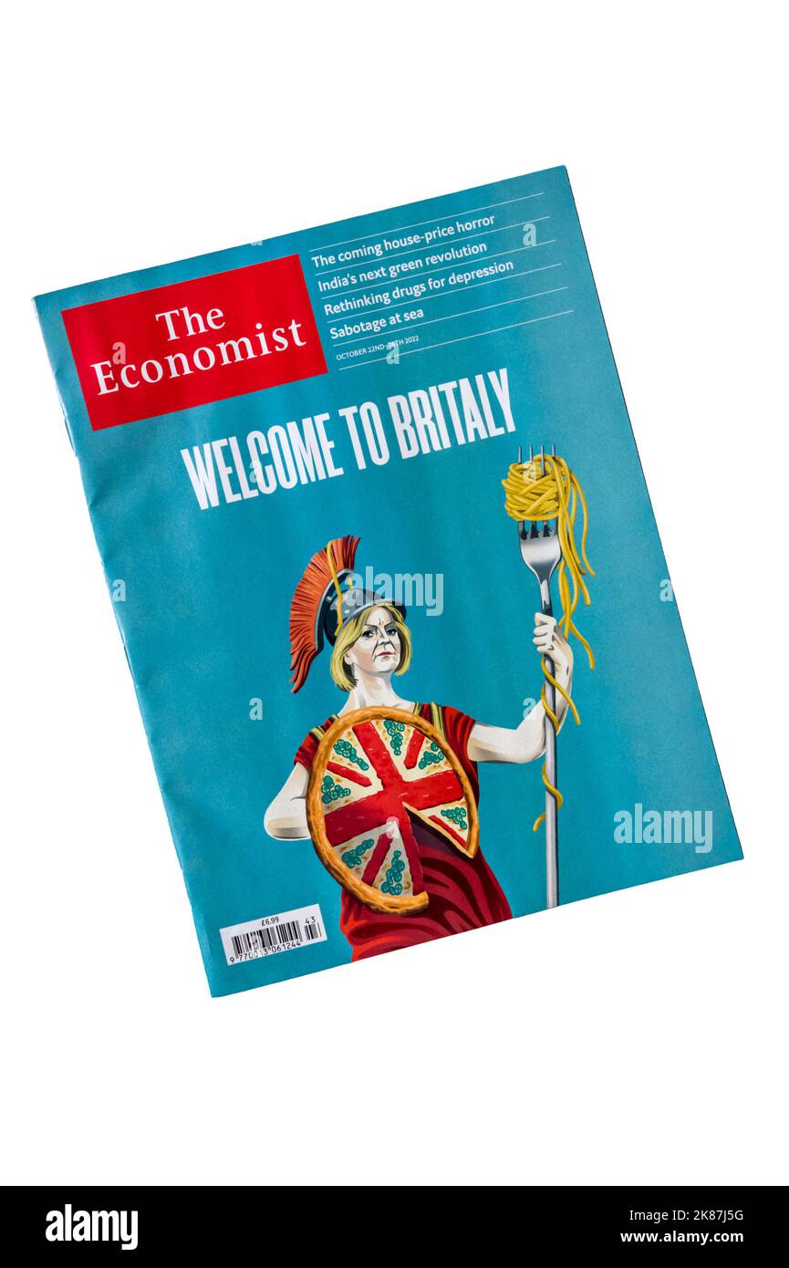 22-28. Oktober 2022. Auf der Titelseite des Economist steht Welcome to Britaly, der die britische Wirtschaft mit der italienischen vergleicht. Die italienische Regierung hat dabei eine Ausnahme gemacht. Stockfoto