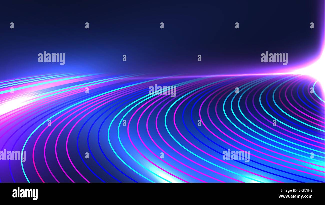 Abstrakte Technologie Konzept Neonfarben Linien High-Speed-Licht Bewegungsspfaden mit Lichteffekt auf dunkelblauem Hintergrund. Vektorgrafik Stock Vektor