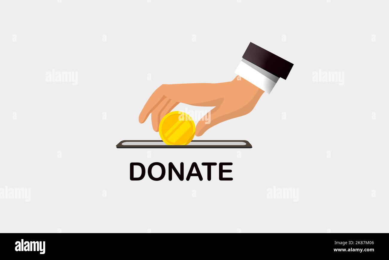 Spende das Symbol mit Männerhand, bitte Dollarmünze in den Schlitz. Einfaches Spendensymbol auf weißem Hintergrund Stockfoto
