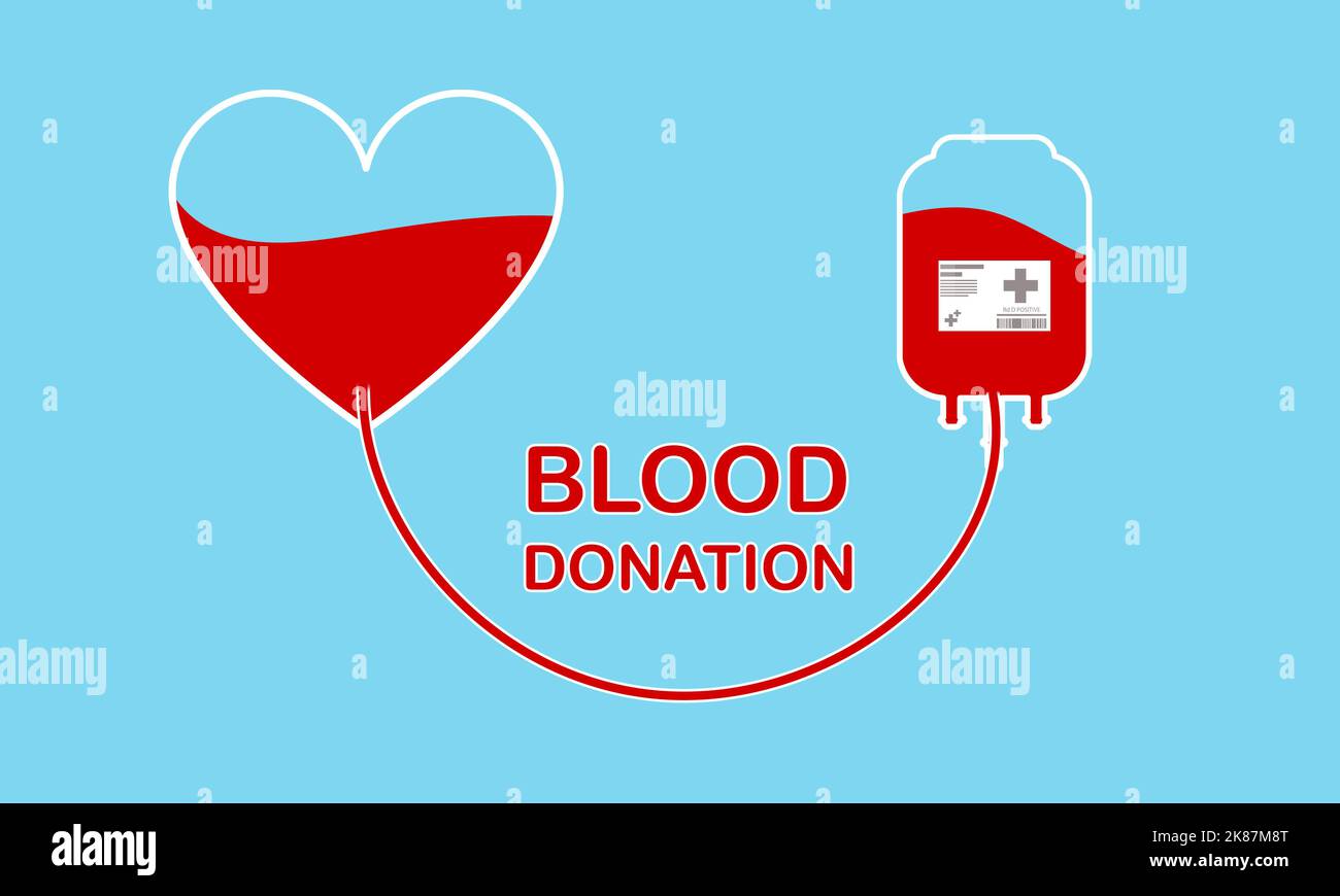 Blutspendekonzept Illustration auf blauem Hintergrund. Spenden Sie einen Plastikbeutel mit rotem Herz und Blut. Gesundheit, Medizin und Weltblutspendertag Stockfoto