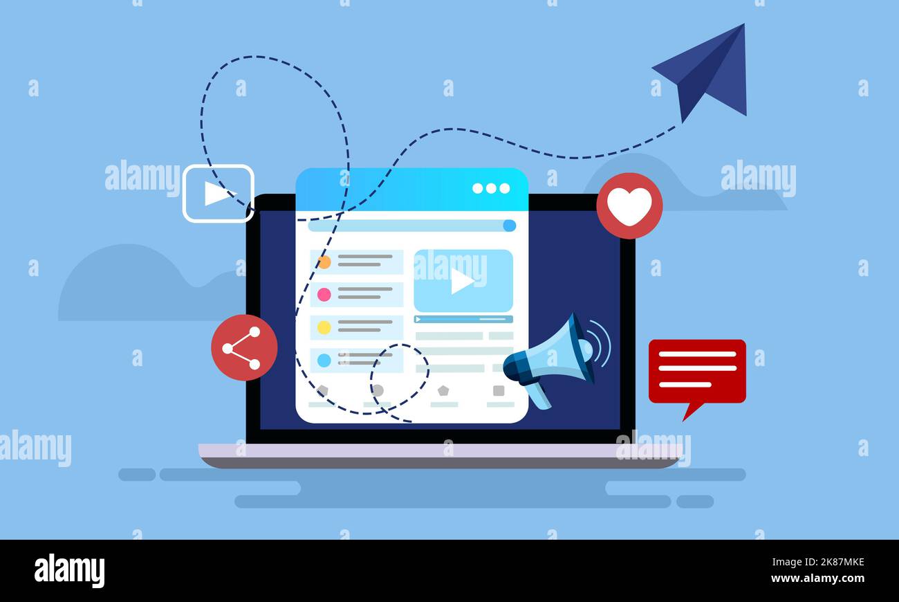Social Media Marketing und Werbung Illustration Konzept. Video-Website-Inhalte mit teilen, wie, Aerogami und Megaphon-Symbole auf modernen Computern Stockfoto