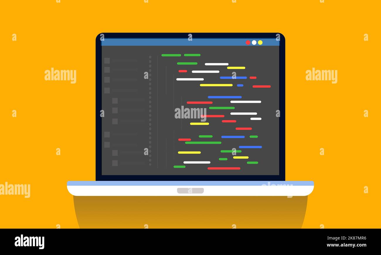 Programmiercode auf Laptop-Bildschirm Design-Illustration. Website-Entwicklung und Codierung Software-Schnittstelle auf modernen PC Stockfoto