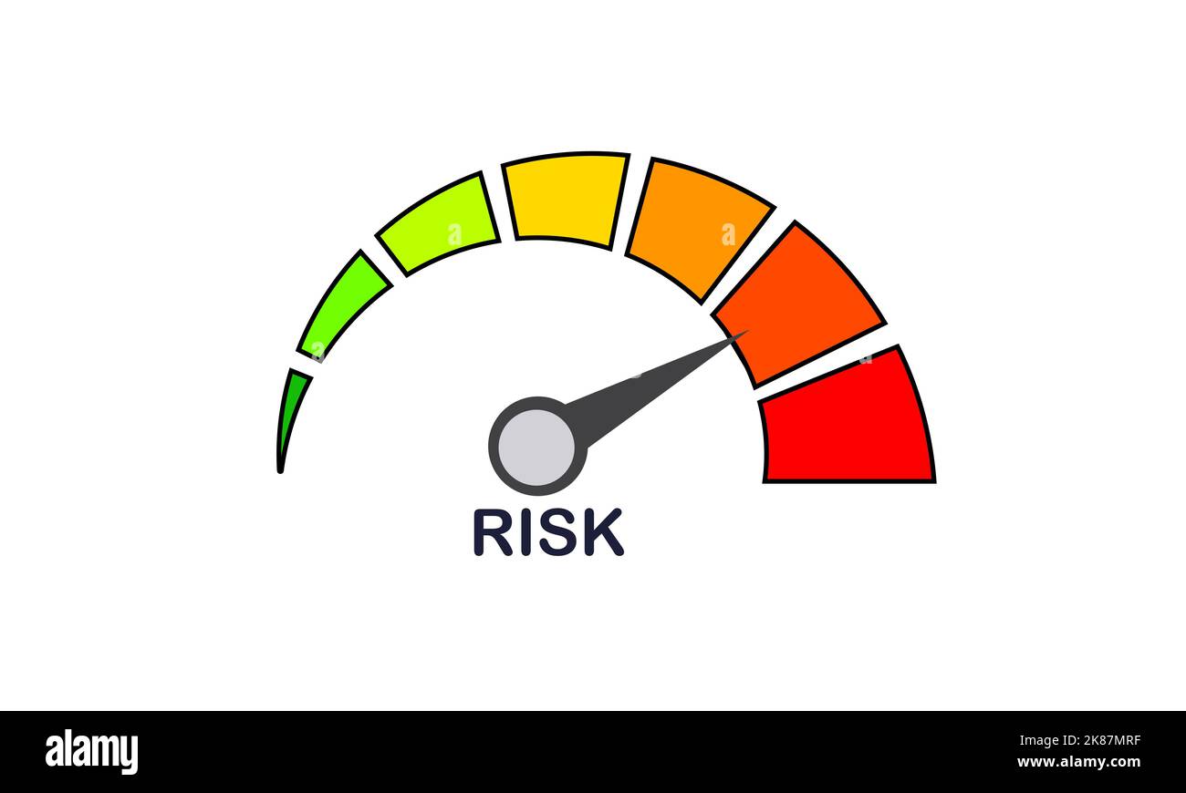 Ein hohes Risiko oder eine gefährliche Entscheidung im Geschäftskonzept eingehen. Risikomanagement und Risky Gauge Tachometer mit Pfeilanzeige im roten Bereich. Stockfoto