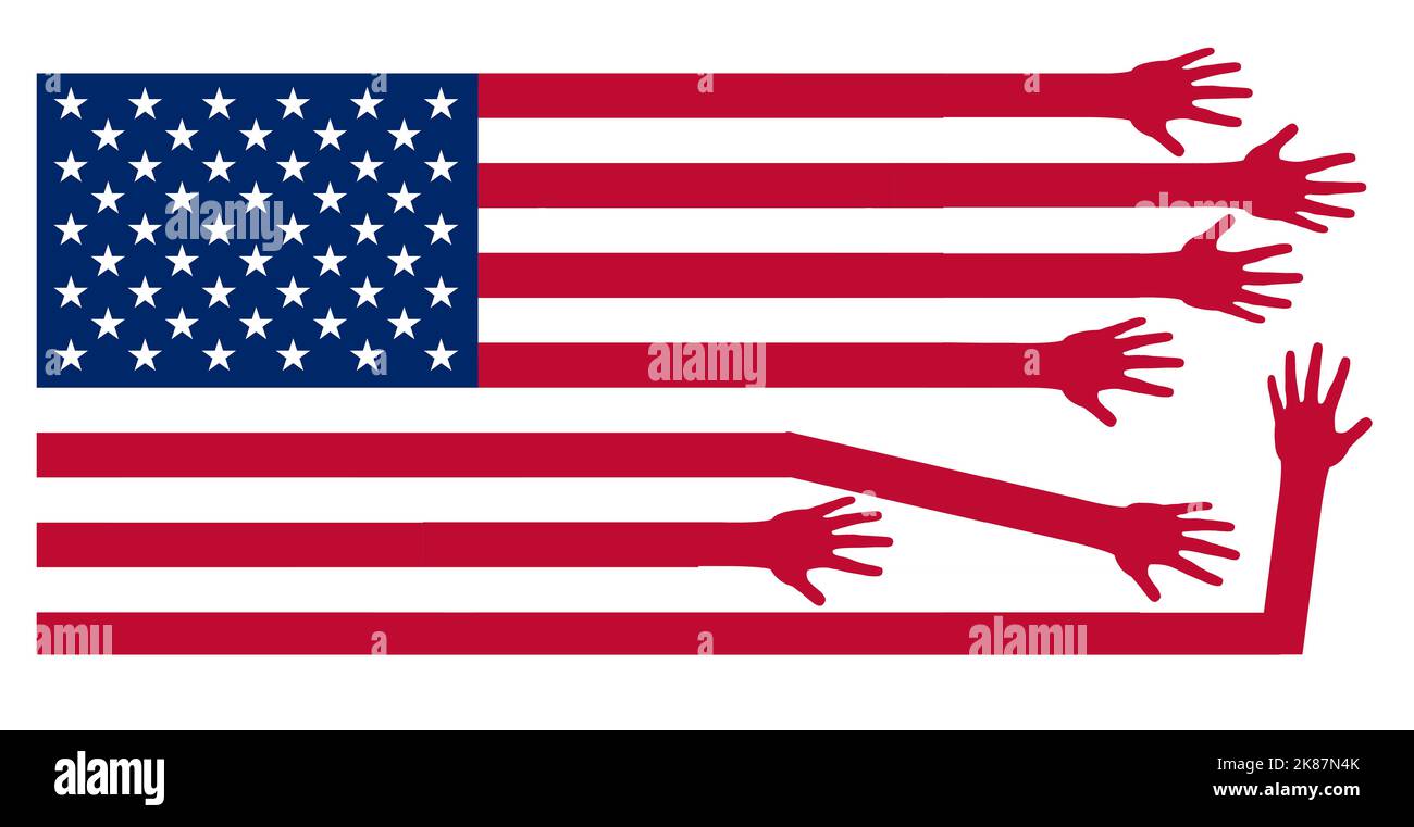 Die Geschichte der USA, mit Hilfe aller Art andere Nationen zu erreichen, wird mit diesem sternverspankelten Banner illustriert, das die Hände ausstreckt, um zu helfen. Dies Stockfoto