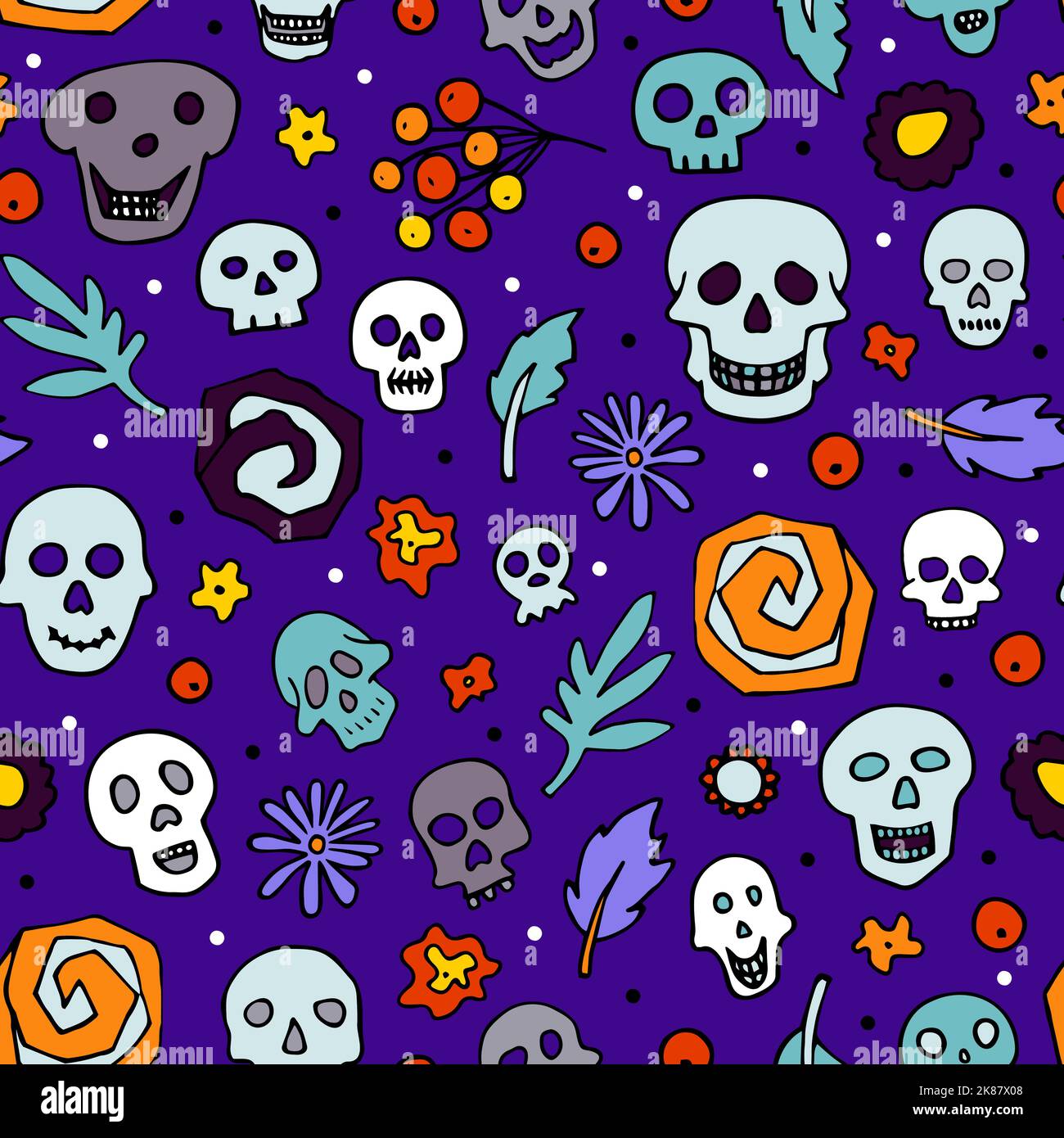 Doodle Halloween Schädel, Blume nahtlose Muster. Skelett, Pflanze auf violettem Hintergrund. Handgezeichnetes El Dia de los Muertos. Mystischer Charakter. Vektor i Stock Vektor