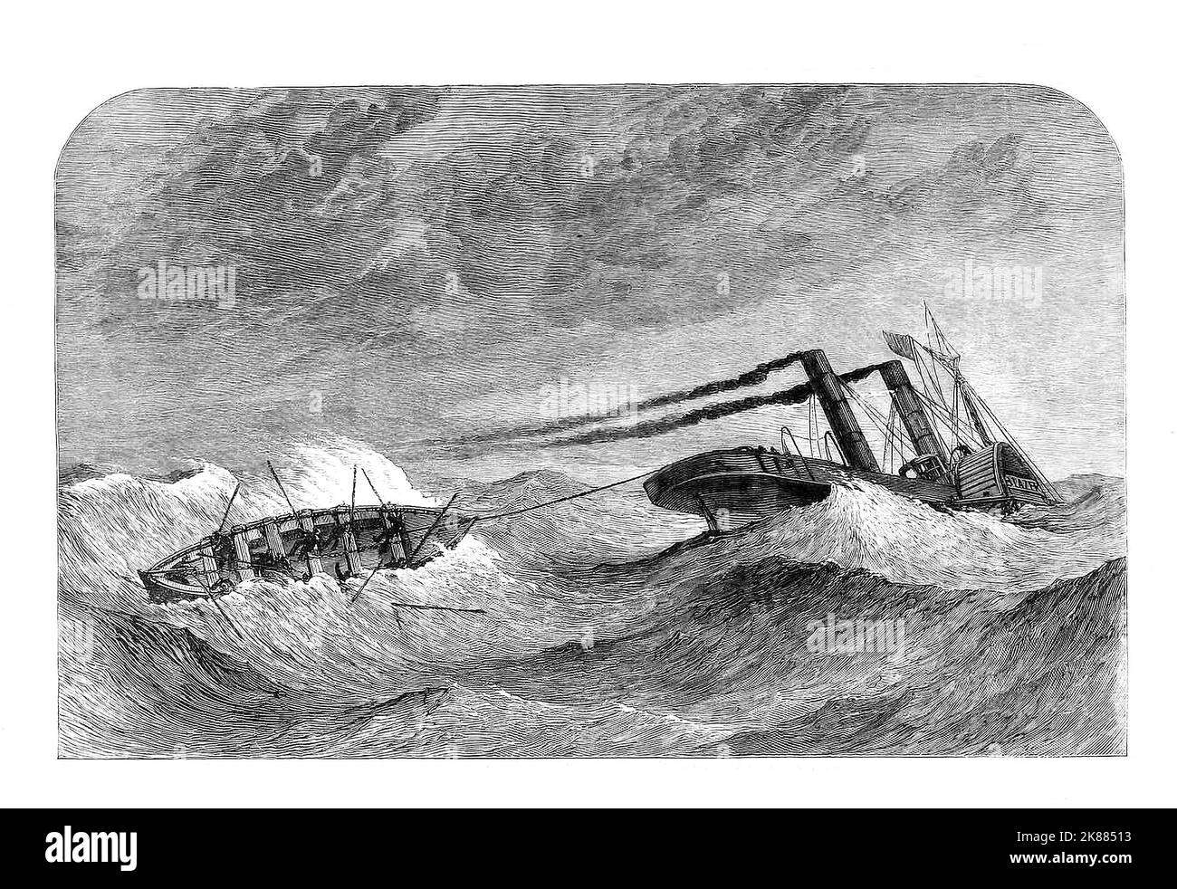 Der Untergang der PS Lelia, einem Dampfer, das während des amerikanischen Bürgerkrieges für die Konföderierten gebaut wurde. Im Januar 1865 verließ sie den River Mersey mit einer Besatzung von Liverpool und mehreren konföderierten Marineoffizieren und ging nach North Carolina. Sie traf schlechtes Wetter vor Nordwales, große Wellen schlugen ihre Anker los und durch das Deck und schwammen sie. Sie sank in der Nähe des Feuerschiffes Prince vor Great Orme Head. Zwölf Überlebende (von einundfünfzig Besatzungen) erreichten die Sicherheit des Feuerschiffes. Das Liverpool Lifeboat ging zur Szene, wurde aber von Wellen überschwemmt, mit dem Verlust von sieben seiner 11 Besatzung. Stockfoto