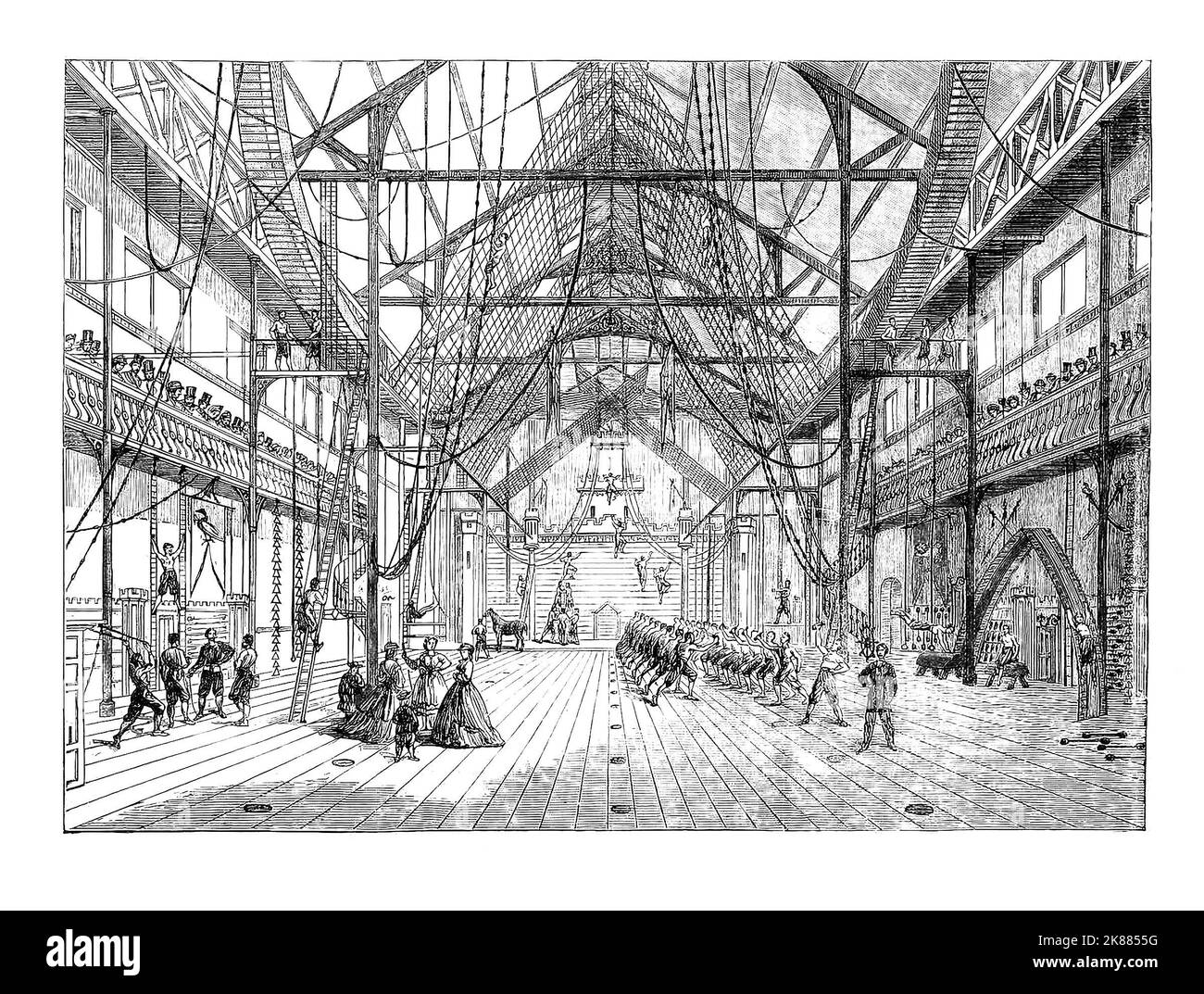 Das Innere des neuen Gymanasiums in der Myrtle Street, Liverpool. Es wurde um 1865 mit Unterstützung von Herrn C.P. gebaut Melly, eine Liverpooler Philanthropin, die zusammen mit 10 anderen bedeutenden Liverpudlianern und dem Bürgermeister als Präsident eine Firma gründete, um Räumlichkeiten im Stadtzentrum zu erwerben, die als Turnhalle geeignet sind. Stockfoto