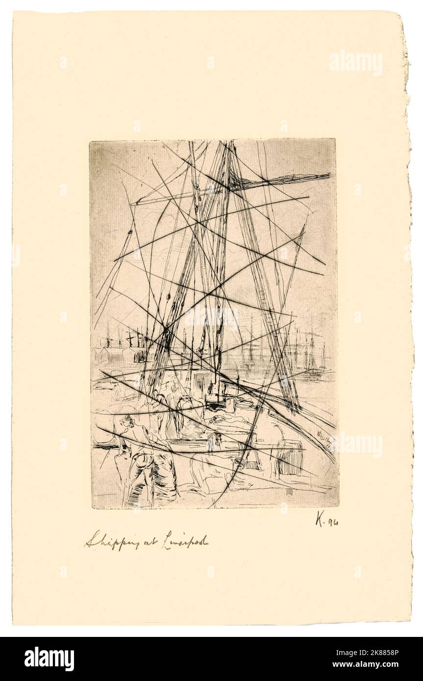Vier Männer, die große Säcke anfassen, und ein fünfter Mann ist auf den Knien und scheint die Nähte auf einem Gefäß zu beruhigen. In der Ferne befindet sich rechts eine Schifffahrtslinie und links eine Reihe von Schuppen. Am Himmel, unter dem Hof, sind leichte Anzeichen von Wolken. Skizziert von James Abbot McNeill Whistler (1834-1903) Stockfoto