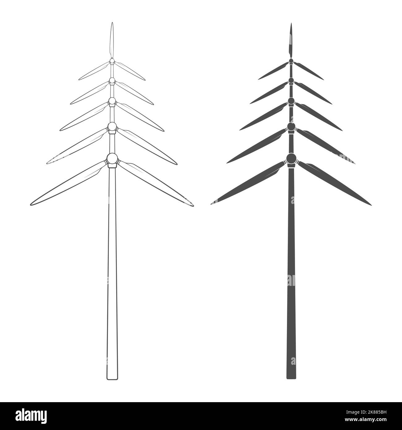 Set aus Schwarz-Weiß-Illustrationen mit Weihnachtsbaum aus Propellern, Windmühlenblättern, Windturbine. Isolierte Vektorobjekte auf weißem Backgroun Stock Vektor