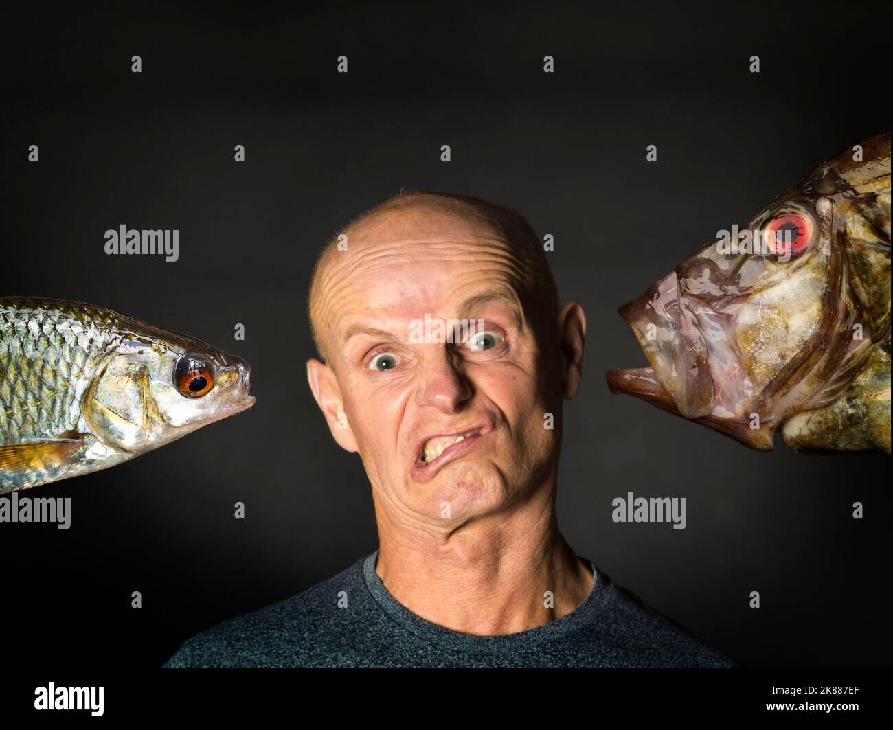 Fish Face, ein freakisches Porträt eines Mannes und eines Fisches Stockfoto