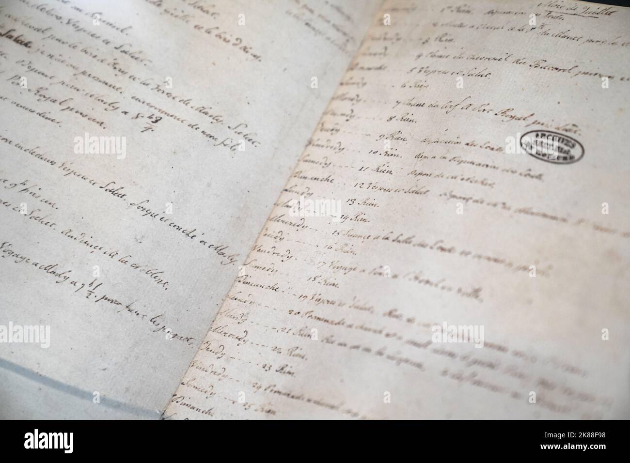 Ludwig XVI. Schrieb in seinem Tagebuch Rien („nichts“) am 14. Juli 1789. Die Sammlung des Nationalarchivs Museum in Paris Stockfoto
